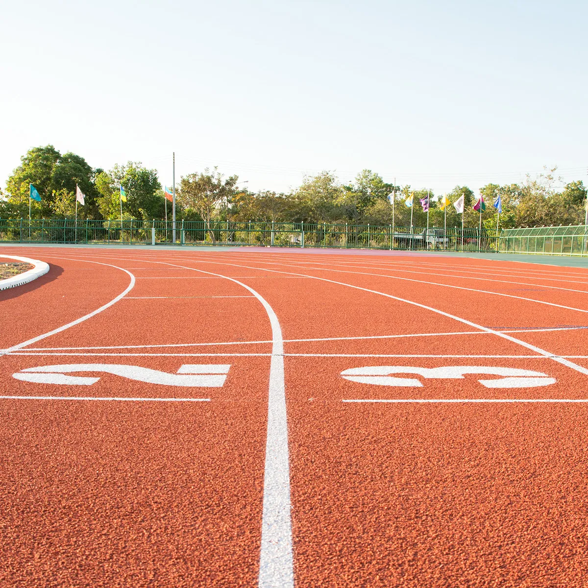 The starting line of a track with a view of the fencing and trees beyond
